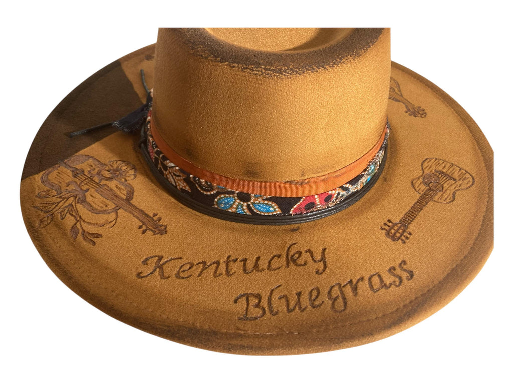 Hand Burned Vegan Suede Vintaged Cowboy Hat Play Me Some Mountain Music Bluegrass Kentucky