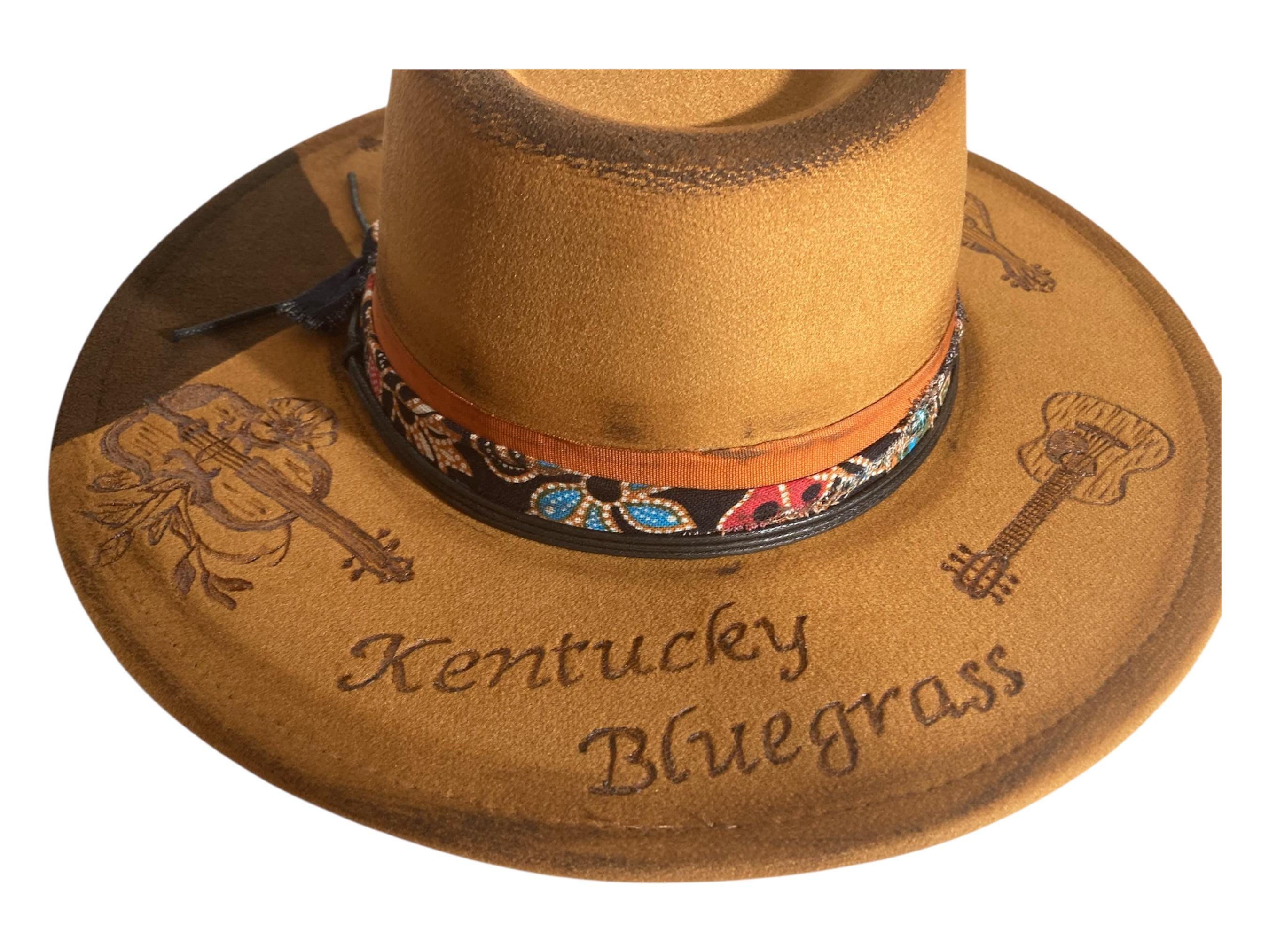 Hand Burned Vegan Suede Vintaged Cowboy Hat Play Me Some Mountain Music Bluegrass Kentucky