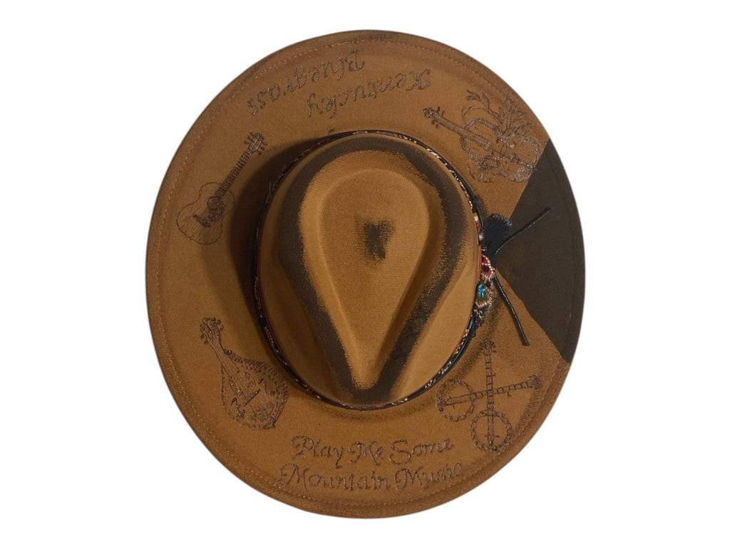 Hand Burned Vegan Suede Vintaged Cowboy Hat Play Me Some Mountain Music Bluegrass Kentucky
